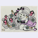 Illustration of a girl with longs of hair and 3 eyes. Wrapped in her hair strands are small pink dolls.