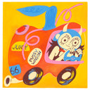 Painting of a cartoon girl with a devil hood on, driving an apple shaped car with stickers all over it.