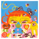Illustration of a cartoon girl seen only from the eyes up, playing with a lot of smaller cartoon creatures on a checkered surface.