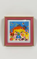 Illustration of a cartoon girl seen only from the eyes up, playing with a lot of smaller cartoon creatures on a checkered surface.
