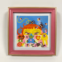 Illustration of a cartoon girl seen only from the eyes up, playing with a lot of smaller cartoon creatures on a checkered surface.