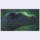 Close-up of a dinosaur's head with a detailed texture on a green background