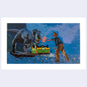 Painting of a film still from Jurassic Park of a person waving a glowing flare at a large T-Rex behind a flipped car in the rain.