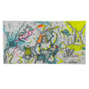 A colorful hand-drawn illustration on a rectangular paper, showing a fantasy battle scene with a central warrior holding an axe, a small zombie-like figure, trees, buildings, and bright neon-like color blocks. The artwork is photographed against a plain white background.
