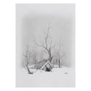 Greyscale illustration of a wooden box, mostly submerged in snow with barren trees in the background.