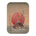 Painting of a wooden box with a cherry blossom tree growing out of it. The box is partially buried in snow with a white bird resting on it.