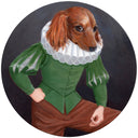 Finely rendered painting on circle panel of a brown dachshund with a human body, dressed in Elizabethan attire with a fluffy white collar and puffy sleeved green shirt. He rests a hand on one side and makes a circle with his fingers over his over leg.