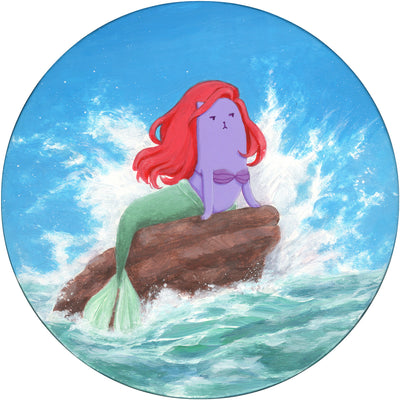 Painting on circular panel of a purple cartoon cat, dressed up as Ariel from The Little Mermaid, positioned on a rock with water splashing up behind it.
