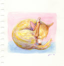 Sketch painting of a chihuahua, curled into itself with its leg up as it smells its own tail.
