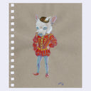 Colored pencil drawing of a white chihuahua, dressed up in fancy red tudor style clothing.