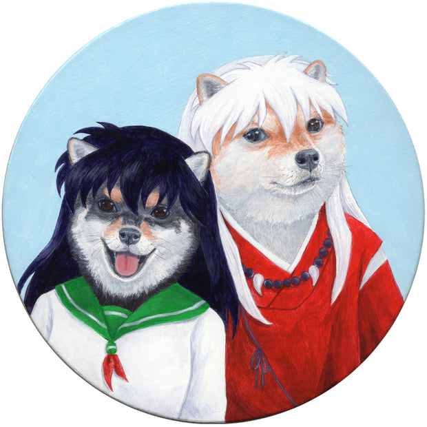 Painting on a round panel of 2 realistic Shiba Inu dogs, dressed as Inuyasha and Kagome Higurashi from the anime, Inuyasha.