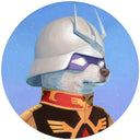 Painting of a white chihuahua, seen from the shoulders up posed like a person and dressed like a samurai or gundam. Background is a purplish blue sky.