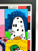 A framed 4-panel cartoon painting featuring Peanuts characters in their iconic Halloween costumes (Lucy, Charlie Brown, Linus and Snoopy). 