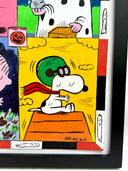 A framed 4-panel cartoon painting featuring Peanuts characters in their iconic Halloween costumes (Lucy, Charlie Brown, Linus and Snoopy). 