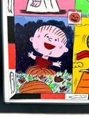A framed 4-panel cartoon painting featuring Peanuts characters in their iconic Halloween costumes (Lucy, Charlie Brown, Linus and Snoopy). 