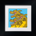 Brightly colored painting of a 3-headed dragon kaiju monster with a ferocious expression and a light blue background.