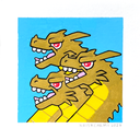 Brightly colored painting of a 3-headed dragon kaiju monster with a ferocious expression and a light blue background.
