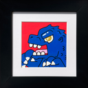 Brightly colored painting of a blue kaiju monster with a ferocious expression and a pinkish red background.