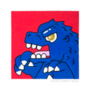 Brightly colored painting of a blue kaiju monster with a ferocious expression and a pinkish red background.