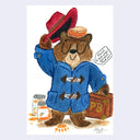 Watercolor illustration of a bear, dressed in a blue coat with a red hat and a suitcase. It lifts up its hat, revealing a sandwich and stands amongst jars of orange marmalade.