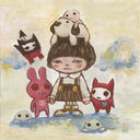 Illustration of a girl with various cute characters on a textured background
