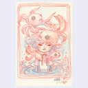 Red ink illustration with red and blue coloring of a girl standing thigh deep in water with red goldfish swimming around her head, out of the water.