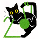 Illustration of a black cat positioned upside down, playing with a ball of green yarn which is wrapped around its body.