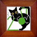Illustration of a black cat positioned upside down, playing with a ball of green yarn which is wrapped around its body.