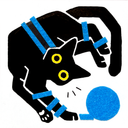 Illustration of a black cat positioned upside down, playing with a ball of blue yarn which is wrapped around its body.