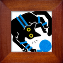 Illustration of a black cat positioned upside down, playing with a ball of blue yarn which is wrapped around its body.