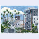Watercolor painting of a city street scene with palm trees, low-rise houses, a tall gray apartment building, utility poles, and a blue sky with white clouds.