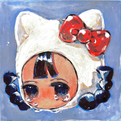 Painting of a girl's head, with large anime style eyes and tears falling out of them. She has black braids coming out of a hood hat styled after Hello Kitty, white cat ears with a red bow. Background is a muted blue.