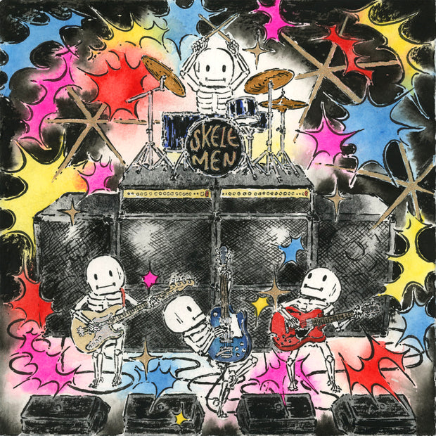 Watercolor painting of a band of cute cartoon skeletons, playing on a large stage with many speakers. The drummer is elevated in the back and 2 guitarists and a bassist play in the front. Colorful sparks fly all around the stage.