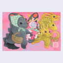 Illustration of a gray Godzilla wearing a light green scarf around its head, walking with Mothra who holds a strawberry and Ghidorah, who carry a picnic basket.