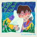 Marker illustration of boy with a swan wrapped around his neck, as if hugging.