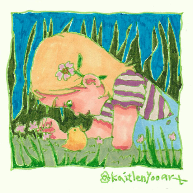 Marker illustration of a girl in grass, looking down at a duckling.