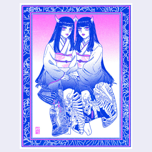 Brightly colored pink and blue print of 2 twin girls with horns, sitting and mirroring one another. They wear decorated kimonos with a large skeleton along the bottom. Piece is framed by a drawn border.