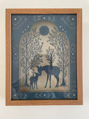 Paper cut illustration of deer and its doe, standing amongst trees with a tree growing out of their backs.