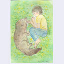 Softly colored watercolor illustration of a child in a yellow shirt and jeans, curled up in a grassy field next to a gray dog.