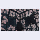 Painting based on a film still from Cube of a man standing inside of an electronic looking cube.