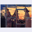 Painting based on a film still from House of 3 figures seen through a window structure during sunset.