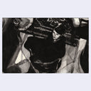 Painting based on a film still from Last Year in Marienbad of a greyscale scene - a woman sits and is seen from above.