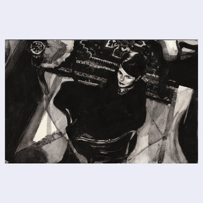 Painting based on a film still from Last Year in Marienbad of a greyscale scene - a woman sits and is seen from above.