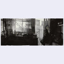 Painting based on a film still from the black and white film Roma, of a girl sitting in a chair looking outside of her doorway.