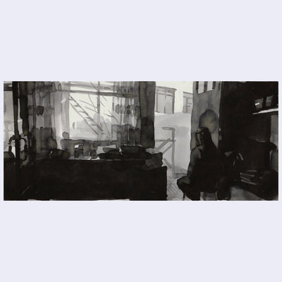 Painting based on a film still from the black and white film Roma, of a girl sitting in a chair looking outside of her doorway.