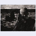 Painting based on a film still from Seventh Seal of a greyscale scene, a person cast mostly in shadow prays with their hands to their face and their eyes closed.