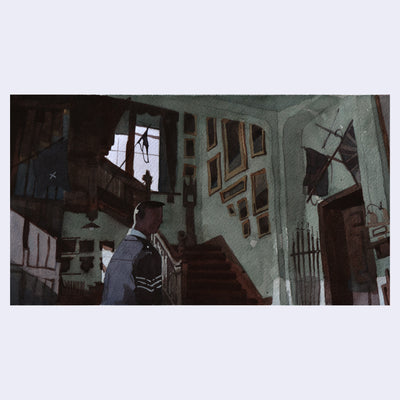 Painting based on a film still from The Wicker Man of a man walking through a dimly lit house with many framed photos and weaponry as decor.