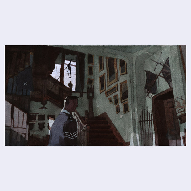 Painting based on a film still from The Wicker Man of a man walking through a dimly lit house with many framed photos and weaponry as decor.