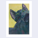 A vertical art work featuring a textured oil painting of a black cat looking upwards against a yellow background