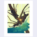 An artwork featuring a stylized illustration of three dark brown dogs perched on tree branches over a swirling teal and green body of water, set against a pale yellow background with a wide white border.